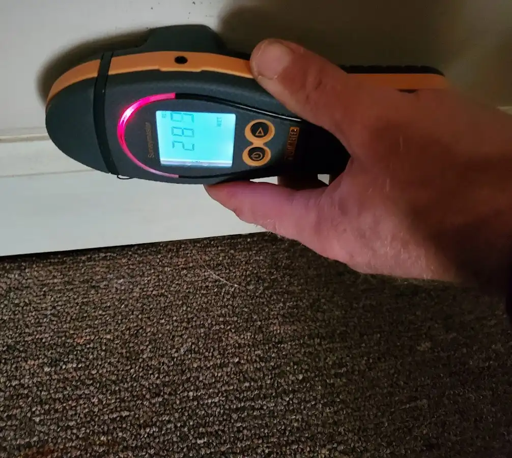 Moisture detection at baseboard during Storm Damage Restoration in Raisin